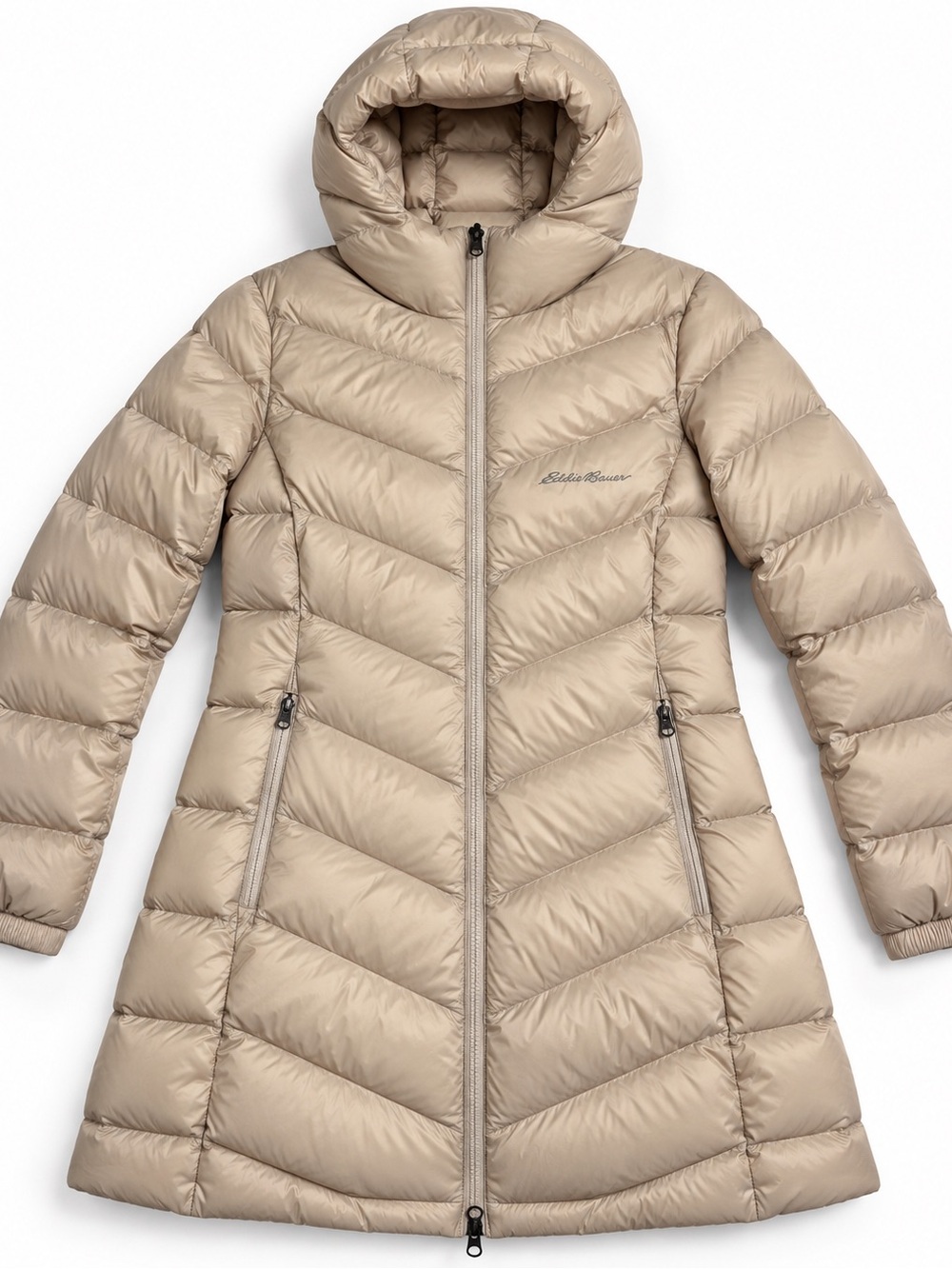 Eddie Bauer Women’s M Chevron Hooded Down Parka Beige Long Puffer Coat